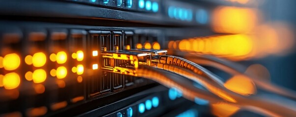 Obraz premium Exploring the future of internet infrastructure server farms with glowing wires and emerging trends