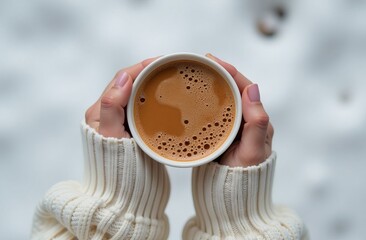 Woman hands in white sweater hold a cup of coffee top view