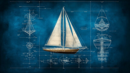 Sailboat Blueprint: A vintage sailboat design stands out on a navy blue background, surrounded by technical blueprints, evoking a sense of nautical history and craftsmanship.  