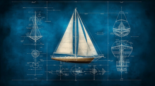 Sailboat Blueprint: A vintage sailboat design stands out on a navy blue background, surrounded by technical blueprints, evoking a sense of nautical history and craftsmanship.  