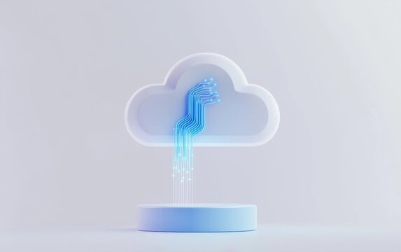 AI-powered cloud icon with blue circuit connections, minimal and modern design for machine learning and technology concepts, 3D illustration, isolated on white background
