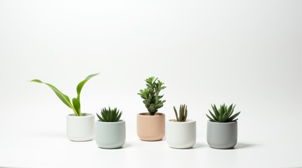 Obraz premium A series of minimalist potted plants on a clean white background - small succulents, snake plants, and cacti.