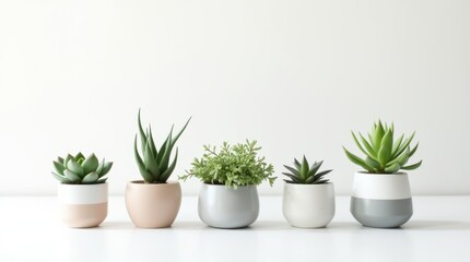 Fototapeta premium A series of minimalist potted plants on a clean white background - small succulents, snake plants, and cacti.