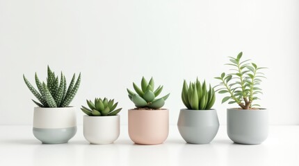 Obraz premium A series of minimalist potted plants on a clean white background - small succulents, snake plants, and cacti.