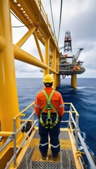 An offshore worker stands on an offshore platform at a large oil rig. Offshore oil and gas industry and operated by technician petroleum