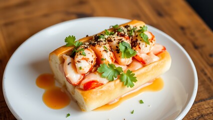 A delicious freshly made lobster roll with lobster, lemon, celery, and mayonnaise.