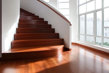 Obraz premium A modern interior featuring a wooden staircase and large windows, creating a bright and inviting atmosphere.