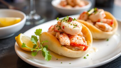 A delicious freshly made lobster roll with lobster, lemon, celery, and mayonnaise.