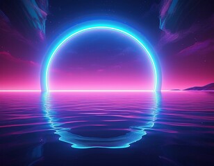 Retro futuristic abstract ocean scenery with blue and violet neon circle
