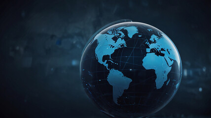 Fototapeta premium Abstract blue background with globe and technology elements, a business presentation template Simple design of a global map on transparent glass or paper, a futuristic poster for a world 