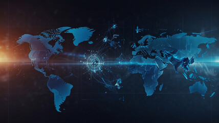 Abstract blue background with globe and technology elements, a business presentation template Simple design of a global map on transparent glass or paper, a futuristic poster for a world 