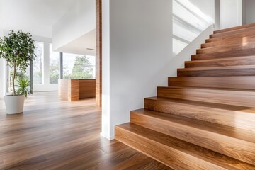 Obraz premium A modern interior featuring wooden stairs, large windows, and plants, showcasing an open and airy living space.