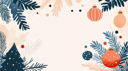 Holiday greeting card with Christmas tree and ornaments, surrounded by a delicate floral border. Warm background and space for copy text.