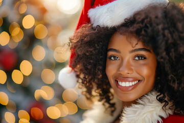 An African-American girl poses in a Santa hat on a festive blurred background with lights from a garland. New Year's Eve celebration.