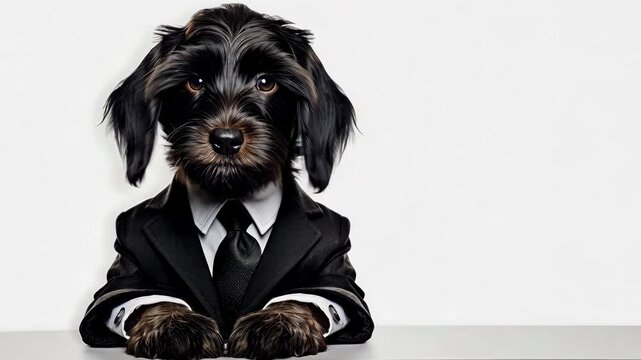 A cute black dog in a business suit sits at a table on a white background. Pet - evening news anchor.