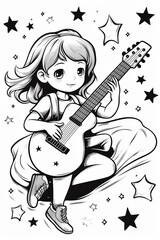 Cartoon girl joyfully playing guitar amidst whimsical stars in a black and white illustration.
