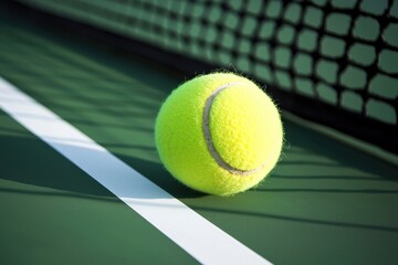 A bright yellow tennis ball rests on a green court near the net, emphasizing the sport's vibrant atmosphere.