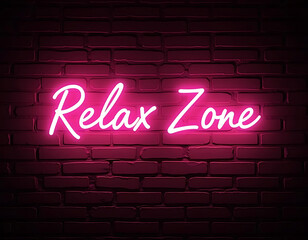 Relax zone lettering motivation quote glowing neon color on brick wall background.
