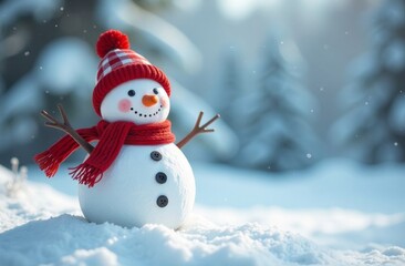 Fototapeta premium Snowman in red hat and scarf in winter background