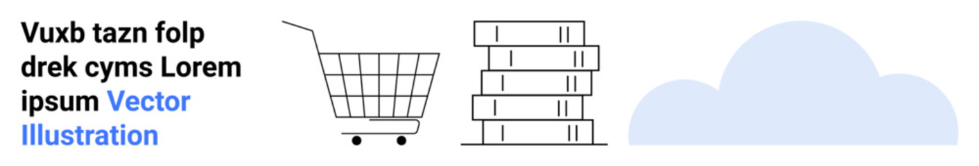 Shopping cart, stack of books, cloud, and sample text in modern layout, representing online shopping and cloud services. Ideal for e-commerce, digital libraries, cloud storage, technology, online
