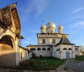 Veliky Novgorod Russia. Old Slavic cathedral of Our Lady of the Sign in Veliky Novgorod Russia, sunset view of Veliky Novgorod landmark