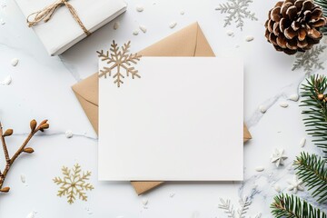 Elegant minimalist Christmas card with a snowflake border, soft shadows, clean and modern white background
