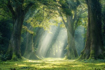 Obraz premium A serene forest scene with sunlight streaming through trees, creating a tranquil atmosphere.