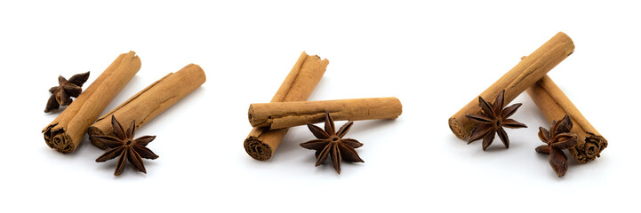 Cinnamon sticks and anise isolated on white background. Cinnamon roll and star anise. Spicy spice for baking, desserts and drinks. Fragrant ground cinnamon. Perfect for Christmas season.