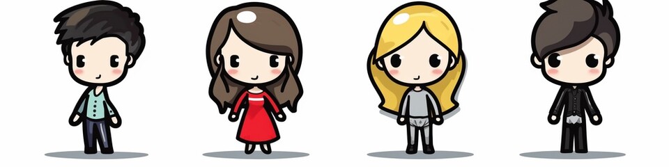 Fototapeta premium Cute chibi characters with varying hairstyles and outfits in a row, showcasing diverse styles.