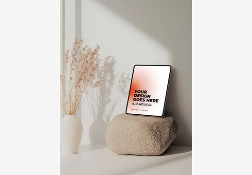 Tablet Mockup: Stunning Tablet Displayed on Rock with Vibrant Flowers and Planter Against Elegant White Wall and Window Sill Tablet Mockup Generative AI
