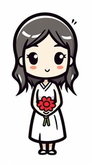 Obraz premium Cute cartoon girl in a white dress holding a red flower, with a cheerful expression.