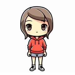 Cute chibi girl character in a red hoodie and shorts on a white background.