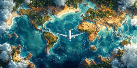 Global Travel Dreams - World Map with Airplane Icon and Nature Scenes Illustration