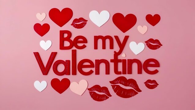 Valentine's day banner, inscription Be my Valentine 2026 surrounded by red and rox hearts and kisses, pink background