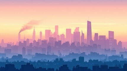 Fototapeta premium City skyline with smog and pollution, urban air quality issue, flat design illustration