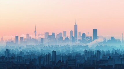 City skyline with smog and pollution, urban air quality issue, flat design illustration