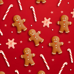 A festive pattern featuring gingerbread cookies, candy canes, and snowflakes on a red background.