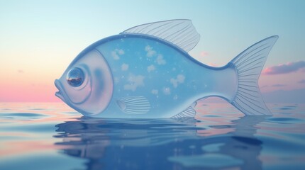 A surreal image of a giant translucent glass fish swimming just above a calm ocean surface.