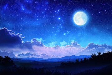 Fototapeta premium A serene night landscape featuring a bright moon, twinkling stars, and rolling hills under a deep blue sky.