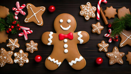 A festive display of decorated gingerbread cookies and candy canes for holiday celebrations.