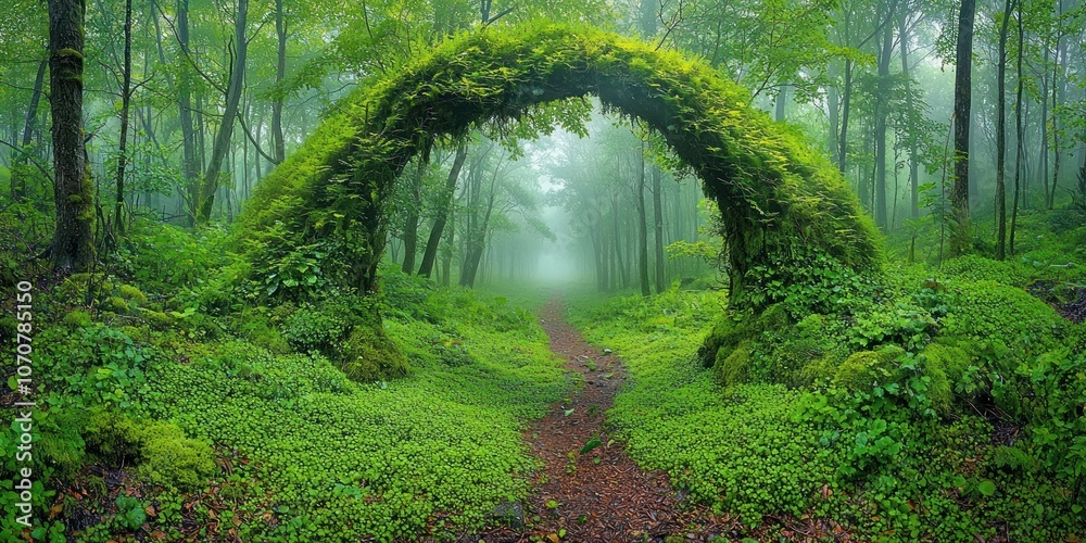 Poster a natural archway formed by overgrown trees in a misty forest