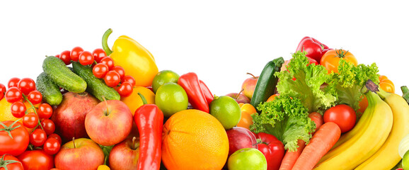 Collage healthy fresh fruits and vegetables isolated on white background.