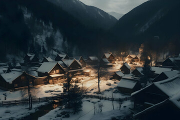 Fototapeta premium A serene snowy village at dusk, illuminated by warm lights amidst dark mountains.