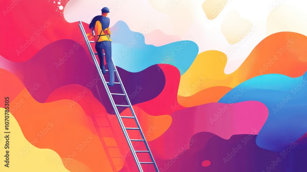 Aufkleber a man in a hardhat climbs a ladder towards a colorful, abstract background.
