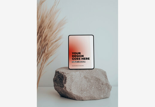 Stunning Tablet Mockup & Square Tablet Display on Rock with Plant & Vase in Serene White Setting Tablet Mockup Generative AI