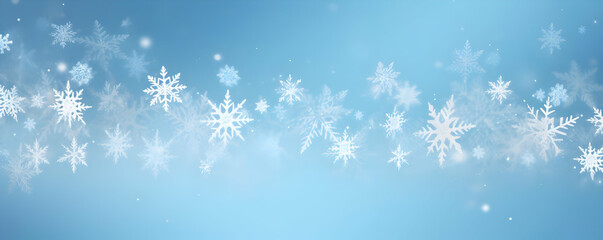 A serene blue background with delicate snowflakes, evoking a winter atmosphere.