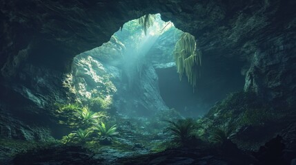 Stunning cave scenery with mysterious rock formations, softly illuminated for a surreal view.