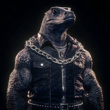 A large, muscular lizard wearing a black leather vest and a silver chain, looking intensely at the camera.