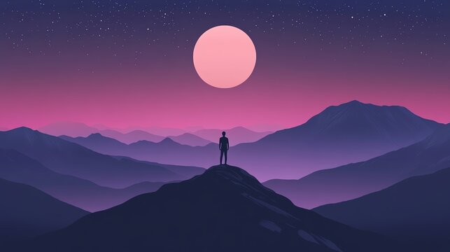 Silhouette of a person standing on a mountain peak under a large moon, surrounded by vibrant twilight colors.