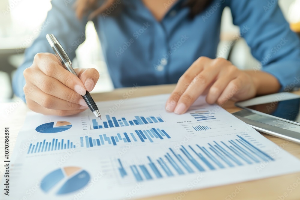 Aufkleber person analyzing financial data with a pen and a tablet